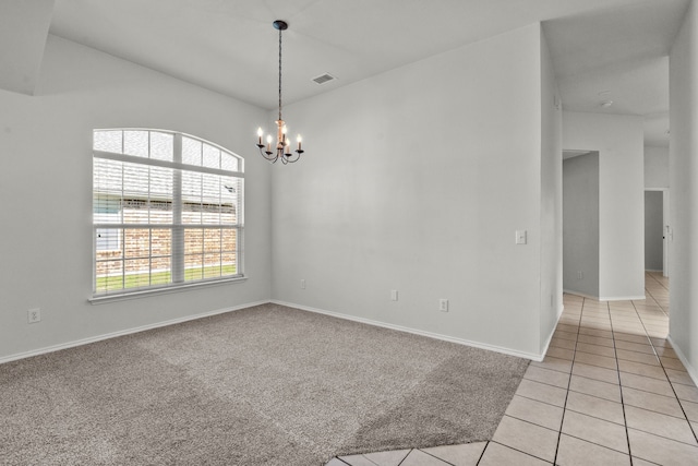 1060 Knightsbridge Dr, Frisco, TX 75036 - unfurnished room featuring a chandelier, light tile patterned flooring, baseboards, vaulted ceiling, and light carpet