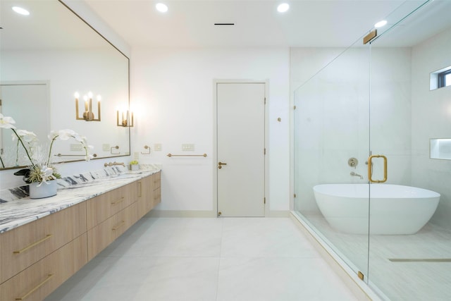 4435 Merrell Rd, Dallas, TX 75229 - full bathroom with vanity, a freestanding bath, recessed lighting, tile patterned flooring, and a stall shower