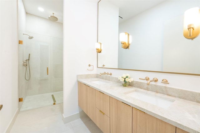4435 Merrell Rd, Dallas, TX 75229 - full bathroom with walk in shower, double vanity, and tile patterned floors