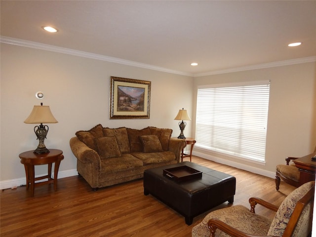 10534 Stone Canyon Rd Unit 111, Dallas, TX 75230 - living area featuring wood finished floors, baseboards, ornamental molding, and recessed lighting