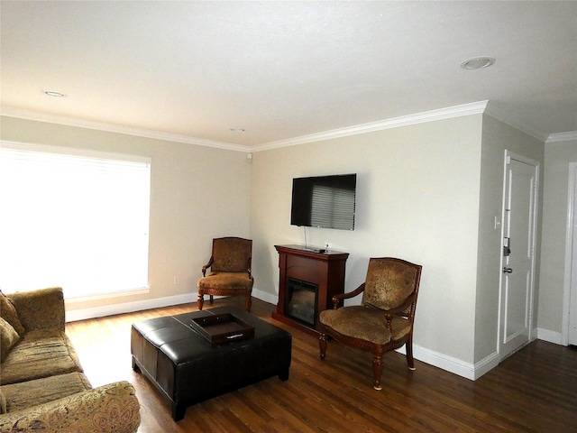 10534 Stone Canyon Rd Unit 111, Dallas, TX 75230 - living room featuring dark wood finished floors, baseboards, a glass covered fireplace, and ornamental molding