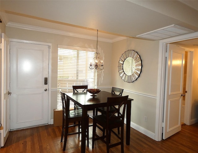 10534 Stone Canyon Rd Unit 111, Dallas, TX 75230 - dining room with dark wood finished floors, ornamental molding, a chandelier, and baseboards