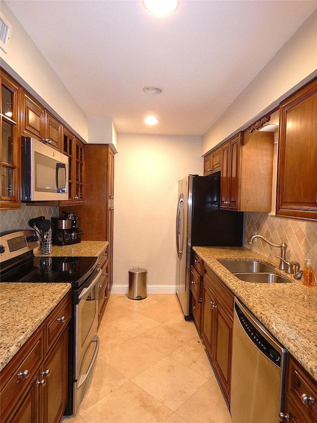 10534 Stone Canyon Rd Unit 111, Dallas, TX 75230 - kitchen with appliances with stainless steel finishes, a sink, decorative backsplash, light stone counters, and recessed lighting