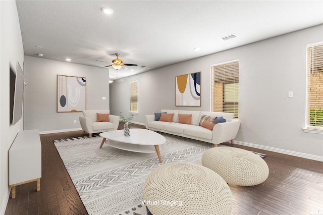 2545 Stella Ln, Northlake, TX 76247 - living area featuring baseboards, wood-type flooring, recessed lighting, and a ceiling fan