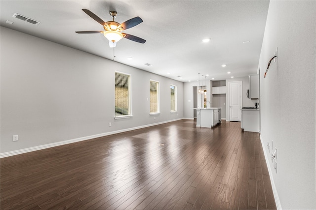 2545 Stella Ln, Northlake, TX 76247 - unfurnished living room with ceiling fan, dark wood finished floors, baseboards, and recessed lighting