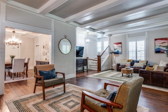 5206 Victor St, Dallas, TX 75214 - sitting room with a chandelier, beamed ceiling, wood finished floors, baseboards, and crown molding