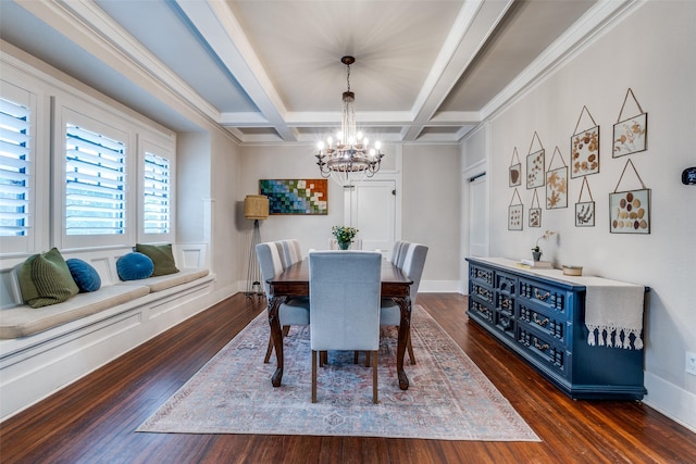 5206 Victor St, Dallas, TX 75214 - dining room with a chandelier, wood finished floors, baseboards, coffered ceiling, and beamed ceiling