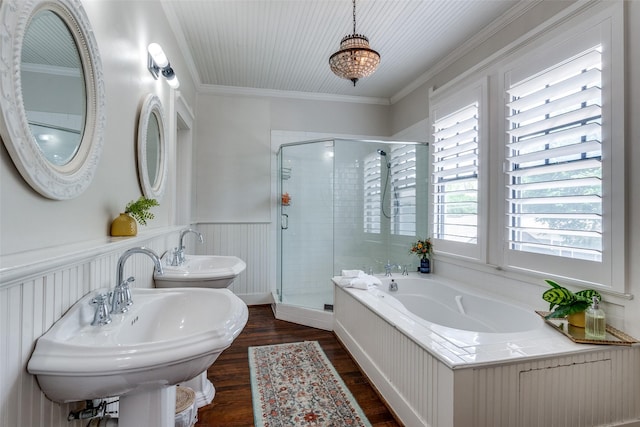 5206 Victor St, Dallas, TX 75214 - full bathroom featuring a garden tub, wood finished floors, a stall shower, ornamental molding, and wainscoting