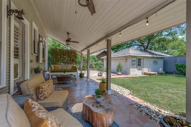 5206 Victor St, Dallas, TX 75214 - view of patio with an outdoor living space, an outdoor structure, and a ceiling fan