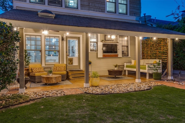 5206 Victor St, Dallas, TX 75214 - back of property with an outdoor hangout area, a lawn, a patio area, and roof with shingles