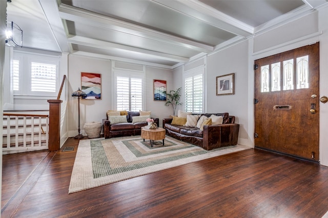 5206 Victor St, Dallas, TX 75214 - living area featuring beam ceiling, wood finished floors, plenty of natural light, crown molding, and baseboards