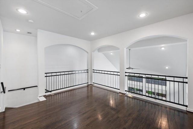 2544 Wedglea Dr, Dallas, TX 75211 - unfurnished room with wood finished floors, a ceiling fan, recessed lighting, and attic access