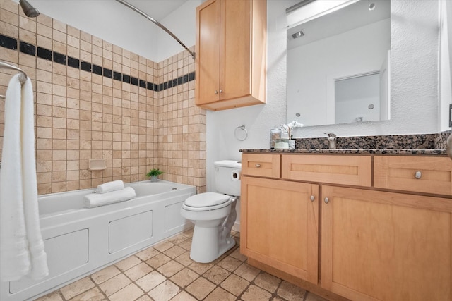2544 Wedglea Dr, Dallas, TX 75211 - bathroom featuring shower / bathtub combination with curtain, toilet, and vanity