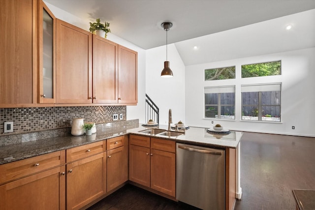 2544 Wedglea Dr, Dallas, TX 75211 - kitchen featuring dishwasher, a sink, tasteful backsplash, dark stone countertops, and lofted ceiling