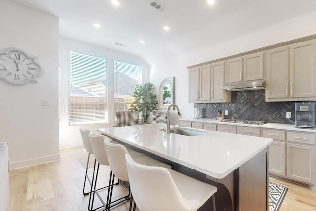 1033 Falls Rush Way, Royse City, TX 75189 - kitchen with a sink, stainless steel gas stovetop, under cabinet range hood, tasteful backsplash, and light countertops