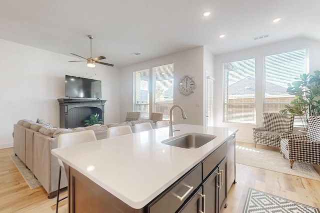1033 Falls Rush Way, Royse City, TX 75189 - kitchen with a sink, light wood-style flooring, open floor plan, a kitchen island with sink, and a ceiling fan