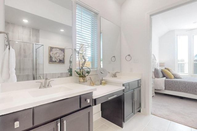 1033 Falls Rush Way, Royse City, TX 75189 - bathroom featuring a shower stall, tile patterned flooring, vanity, recessed lighting, and ensuite bathroom