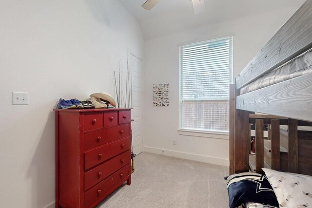 1033 Falls Rush Way, Royse City, TX 75189 - bedroom featuring vaulted ceiling, light carpet, baseboards, and a ceiling fan