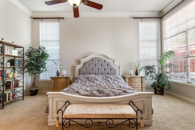 2048 Remington Ln, Frisco, TX 75033 - bedroom featuring carpet flooring, crown molding, multiple windows, baseboards, and ceiling fan