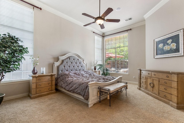 2048 Remington Ln, Frisco, TX 75033 - bedroom featuring light carpet, ornamental molding, baseboards, and a ceiling fan