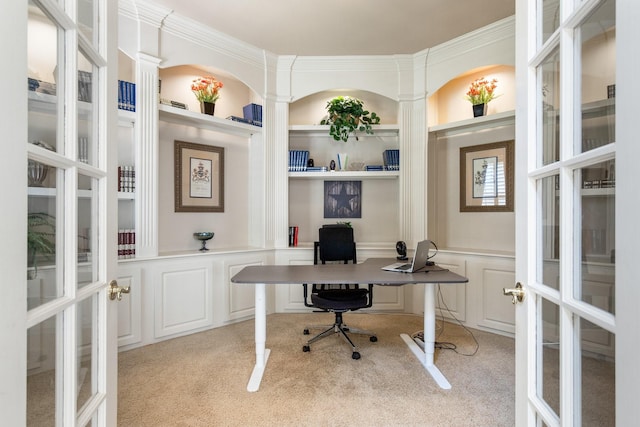 2048 Remington Ln, Frisco, TX 75033 - office space with french doors, light carpet, a decorative wall, and built in shelves