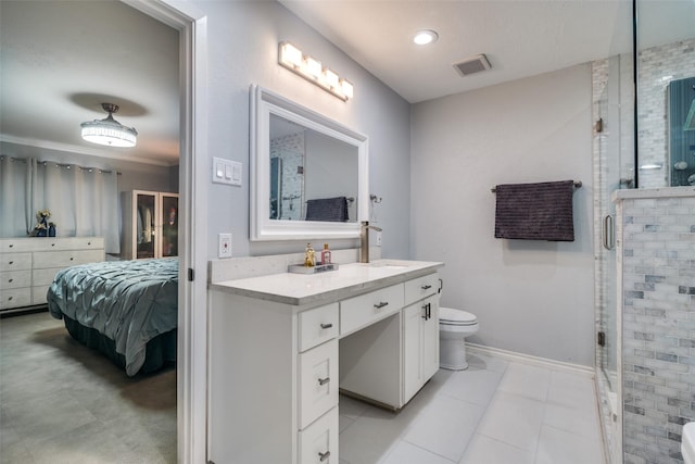 1301 Windy Meadow Dr, Plano, TX 75023 - bathroom with toilet, a shower stall, connected bathroom, vanity, and baseboards