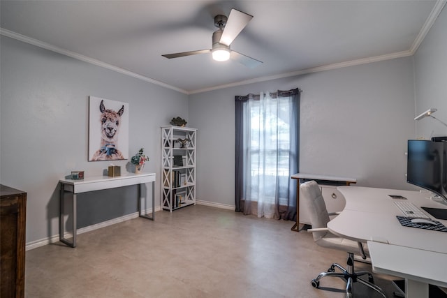 1301 Windy Meadow Dr, Plano, TX 75023 - home office with a ceiling fan, crown molding, and baseboards
