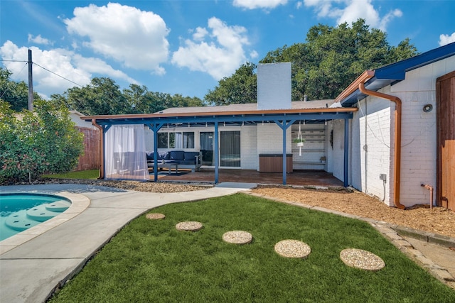 1301 Windy Meadow Dr, Plano, TX 75023 - back of property featuring a patio, brick siding, a chimney, and an outdoor pool