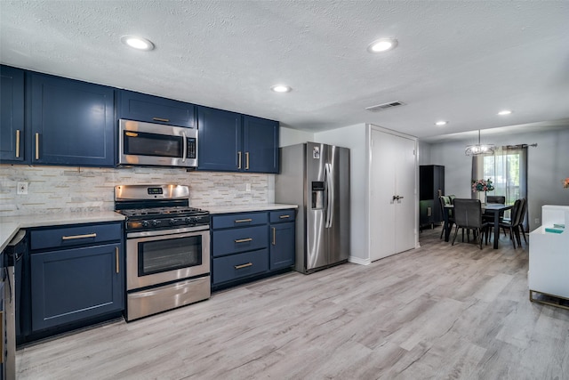 1301 Windy Meadow Dr, Plano, TX 75023 - kitchen with stainless steel appliances, blue cabinets, tasteful backsplash, light wood-type flooring, and a textured ceiling