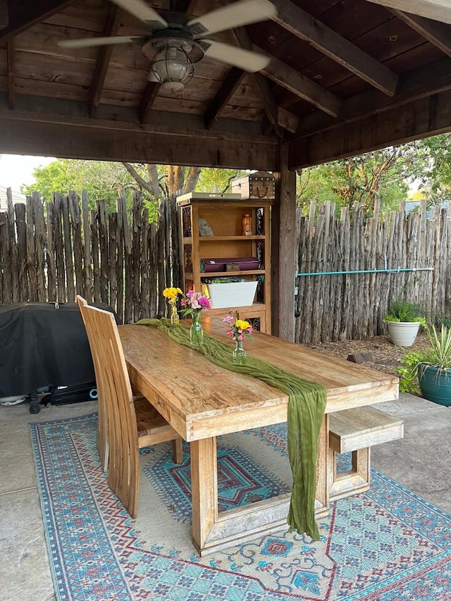805 Trenton St, Weatherford, TX 76086 - view of patio / terrace with outdoor dining area, ceiling fan, fence, and a gazebo