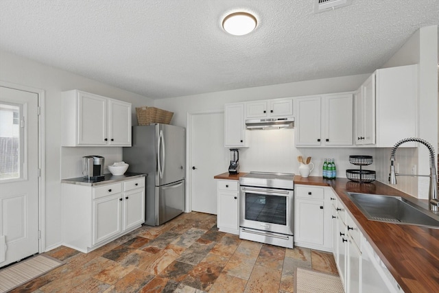 3110 Legend Dr, Mckinney, TX 75070 - kitchen featuring wood counters, appliances with stainless steel finishes, under cabinet range hood, a sink, and a textured ceiling