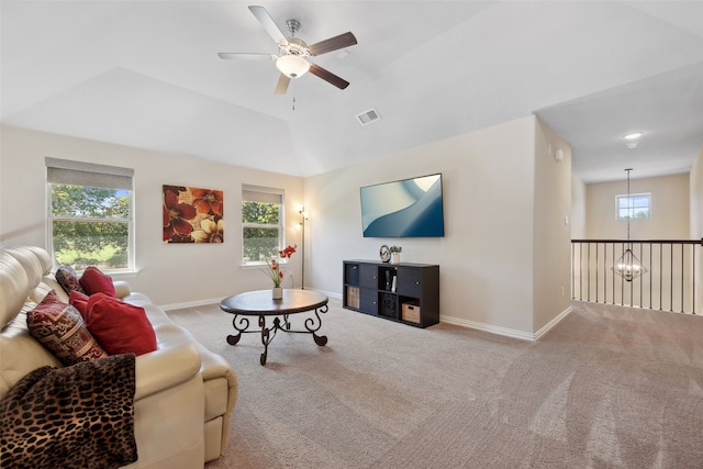 216 Shadow Creek Ln, Hickory Creek, TX 75065 - carpeted living area with a ceiling fan, baseboards, and vaulted ceiling