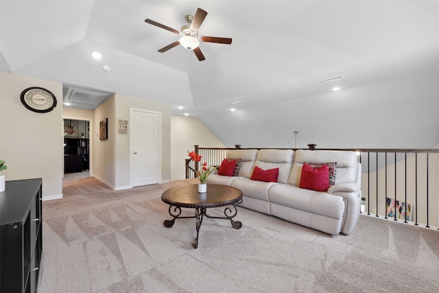 216 Shadow Creek Ln, Hickory Creek, TX 75065 - living room featuring a ceiling fan, lofted ceiling, carpet, attic access, and recessed lighting