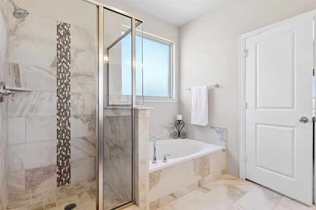 216 Shadow Creek Ln, Hickory Creek, TX 75065 - full bath with a bath, a stall shower, and marble finish floors