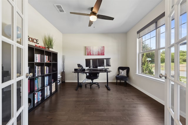 216 Shadow Creek Ln, Hickory Creek, TX 75065 - office area with ceiling fan, dark wood-type flooring, and baseboards