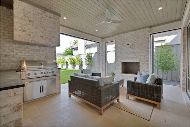 3626 University Blvd, University Park, TX 75205 - view of patio / terrace featuring a grill, an outdoor living space with a fireplace, fence, and a ceiling fan
