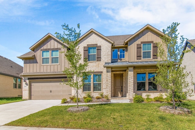 742 Faith Bud Ln, Lavon, TX 75166 - craftsman-style home featuring board and batten siding, an attached garage, a front lawn, concrete driveway, and brick siding