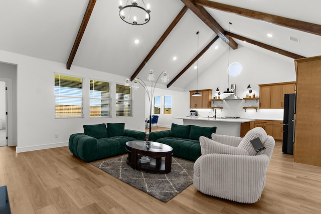 742 Faith Bud Ln, Lavon, TX 75166 - living area featuring a chandelier, light wood-style flooring, beam ceiling, high vaulted ceiling, and recessed lighting