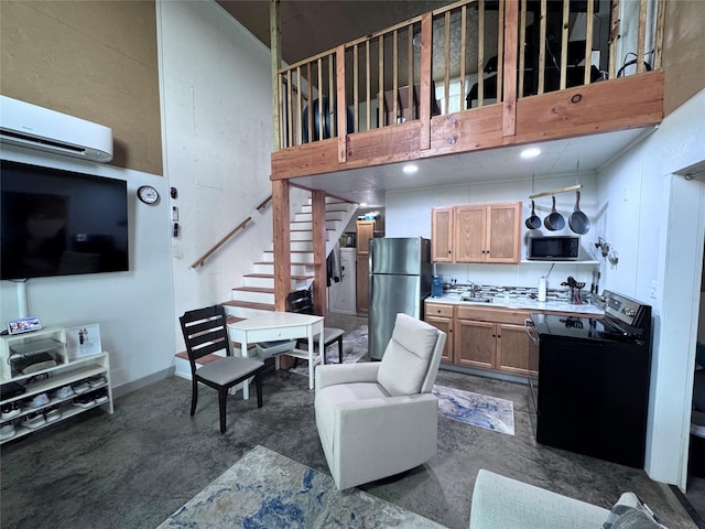 235 Hcr 2128, Whitney, TX 76692 - living room with an AC wall unit, stairway, and a towering ceiling