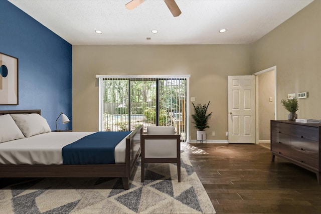 bedroom featuring wood finished floors, recessed lighting, baseboards, access to outside, and ceiling fan