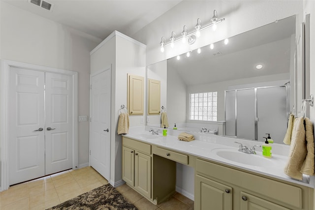473 Inverness Dr, Fairview, TX 75069 - full bath with lofted ceiling, a stall shower, double vanity, tile patterned floors, and a closet