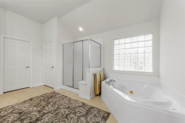 473 Inverness Dr, Fairview, TX 75069 - full bath with tile patterned floors, a tub with jets, a stall shower, and vaulted ceiling
