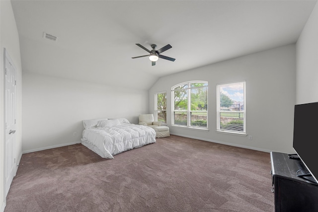 473 Inverness Dr, Fairview, TX 75069 - bedroom featuring carpet flooring, lofted ceiling, baseboards, and ceiling fan