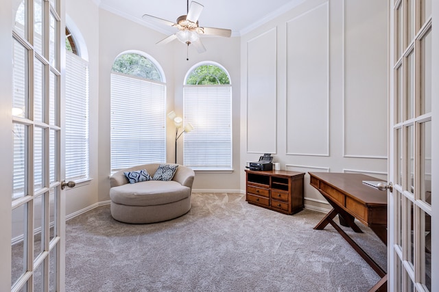 1430 Westmont Dr, Allen, TX 75013 - sitting room featuring french doors, carpet flooring, a ceiling fan, crown molding, and a desk