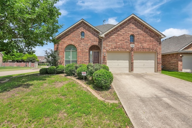 6904 Shoreway Dr, Grand Prairie, TX 75054 - traditional-style home with brick siding, concrete driveway, a front lawn, and a garage