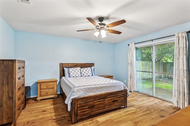 6405 Longmont Trl, Fort Worth, TX 76179 - bedroom with access to exterior, light wood-style floors, and ceiling fan