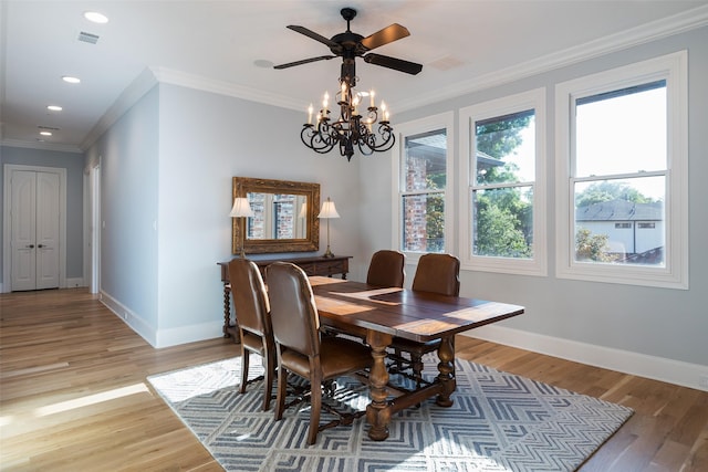 12229 Pecan Forest Dr, Dallas, TX 75230 - dining area with crown molding, baseboards, light wood-style floors, a chandelier, and recessed lighting