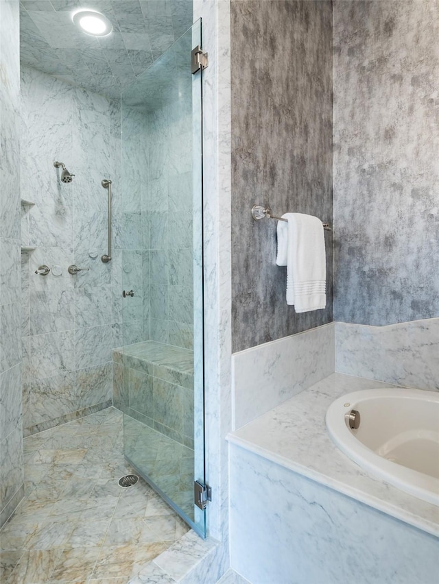 12229 Pecan Forest Dr, Dallas, TX 75230 - bathroom featuring a marble finish shower and a garden tub