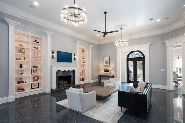 12229 Pecan Forest Dr, Dallas, TX 75230 - living room featuring a chandelier, granite tiled floors, baseboards, a premium fireplace, and crown molding