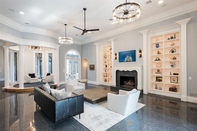 12229 Pecan Forest Dr, Dallas, TX 75230 - living room with built in shelves, baseboards, a premium fireplace, ceiling fan, and ornamental molding